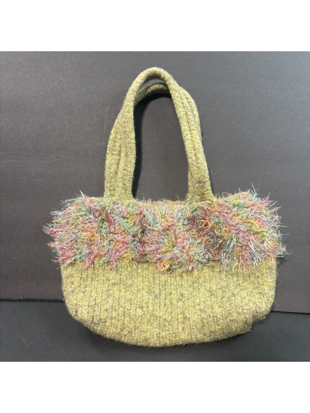 Nannette Knit Green Handbag Satchel Boho Cottagecore Purse Fuzzy Trim